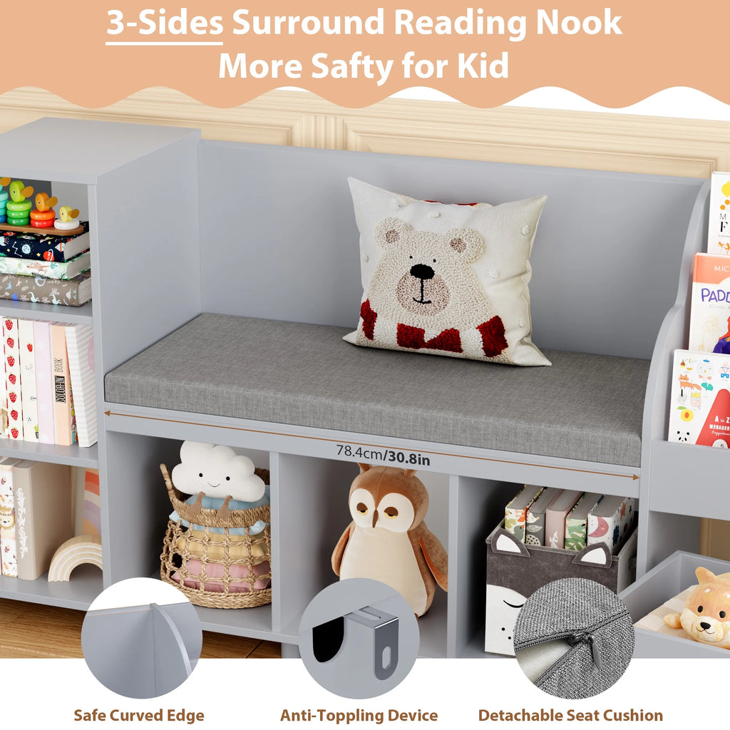Homfa Kids Bookshelf with Reading Nook. 6 Shelf Bookcase with 1 Wood Toy Bin with 3 Tier Book Rack for Children Kidsroom