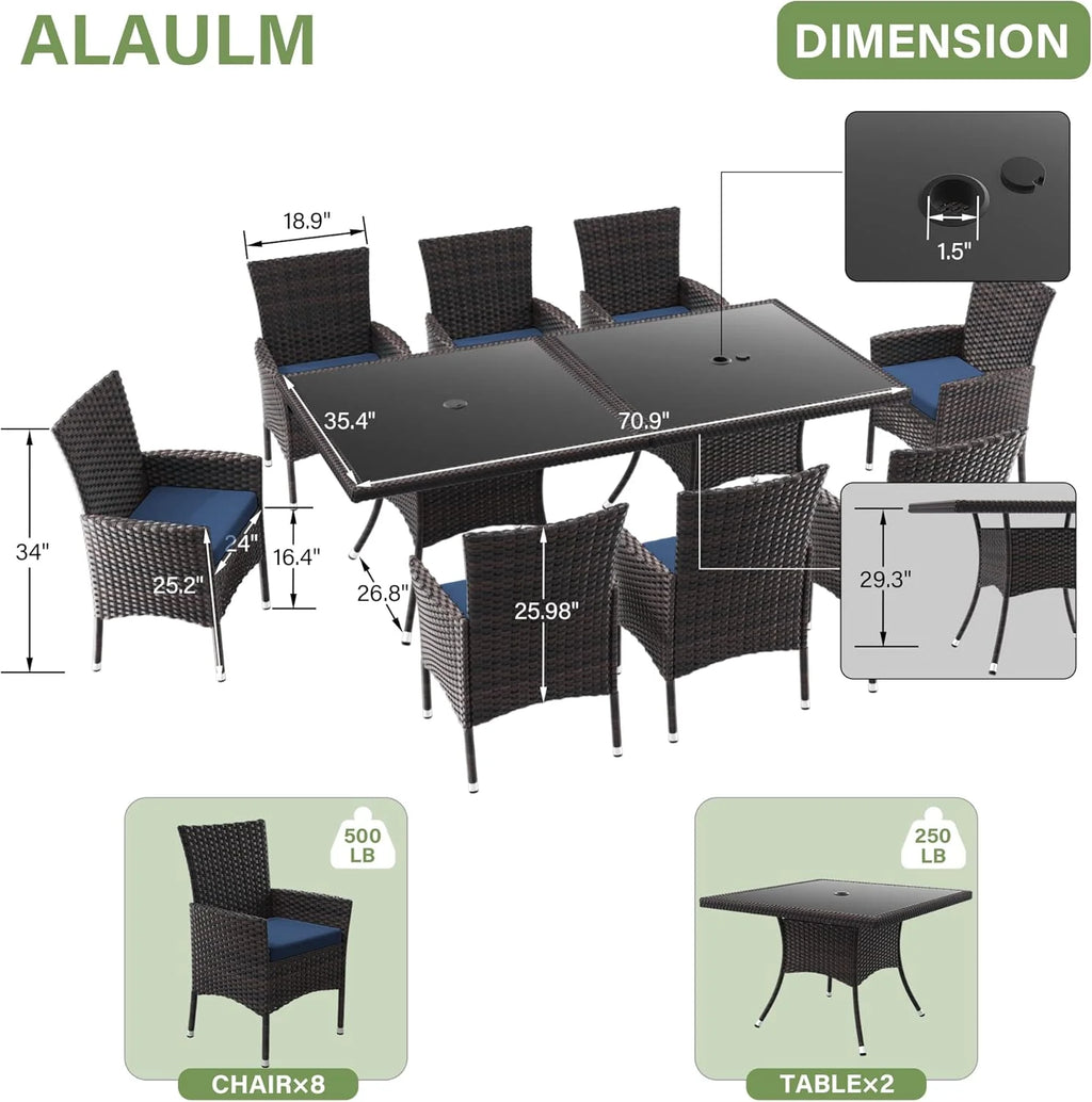 ALAULM 5 Pieces Patio Dining Set Outdoor Rattan Furniture with Square Glass Tabletop 4 Chairs with Cushions for Patio. Backyard Outdoor Kitchen Lawn & Garden Blue