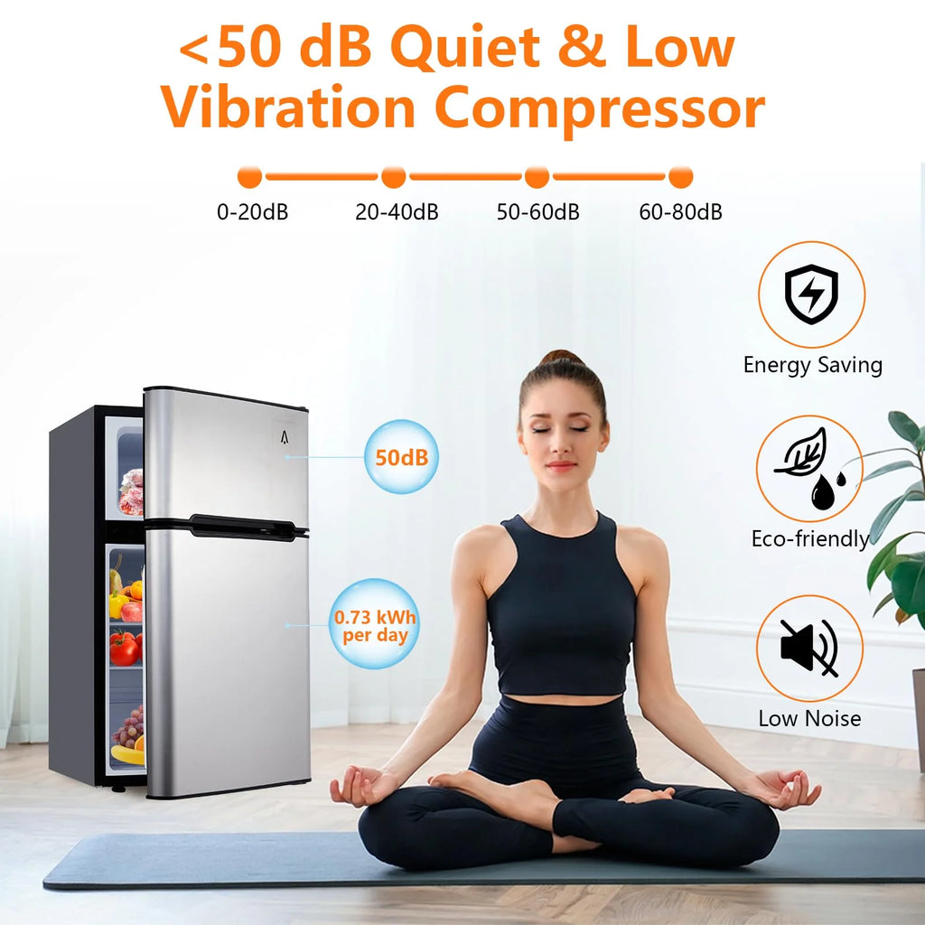 3.2 Cu. Ft Mini Fridge with Freezer. Small Refrigerators Double Door Stainless Steel. 5 Adjustable Thermostat Settings. Compact Internal Freezer with Crisper Drawer for Apartment Dorm. Silver