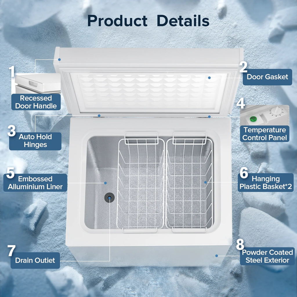Auseo 8.7 cu. ft. Chest Deep Freezer with Adjustable Temperature. Free Standing Top Open Door Compact Freezer with 3 Removable Basket for Kitchen. Home. Bar. Garage. Office