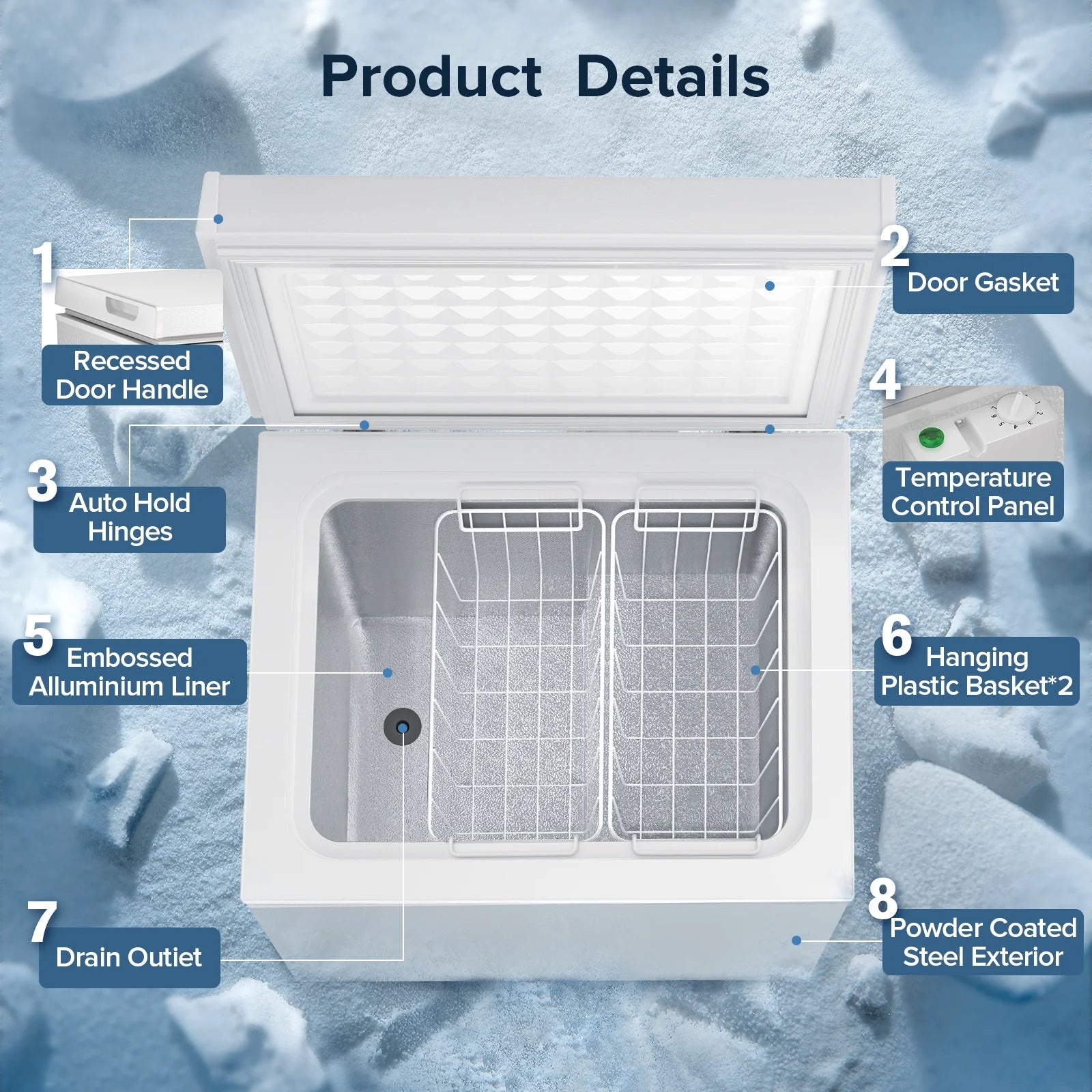 Auseo 8.7 cu. ft. Chest Deep Freezer with Adjustable Temperature. Free Standing Top Open Door Compact Freezer with 3 Removable Basket for Kitchen. Home. Bar. Garage. Office