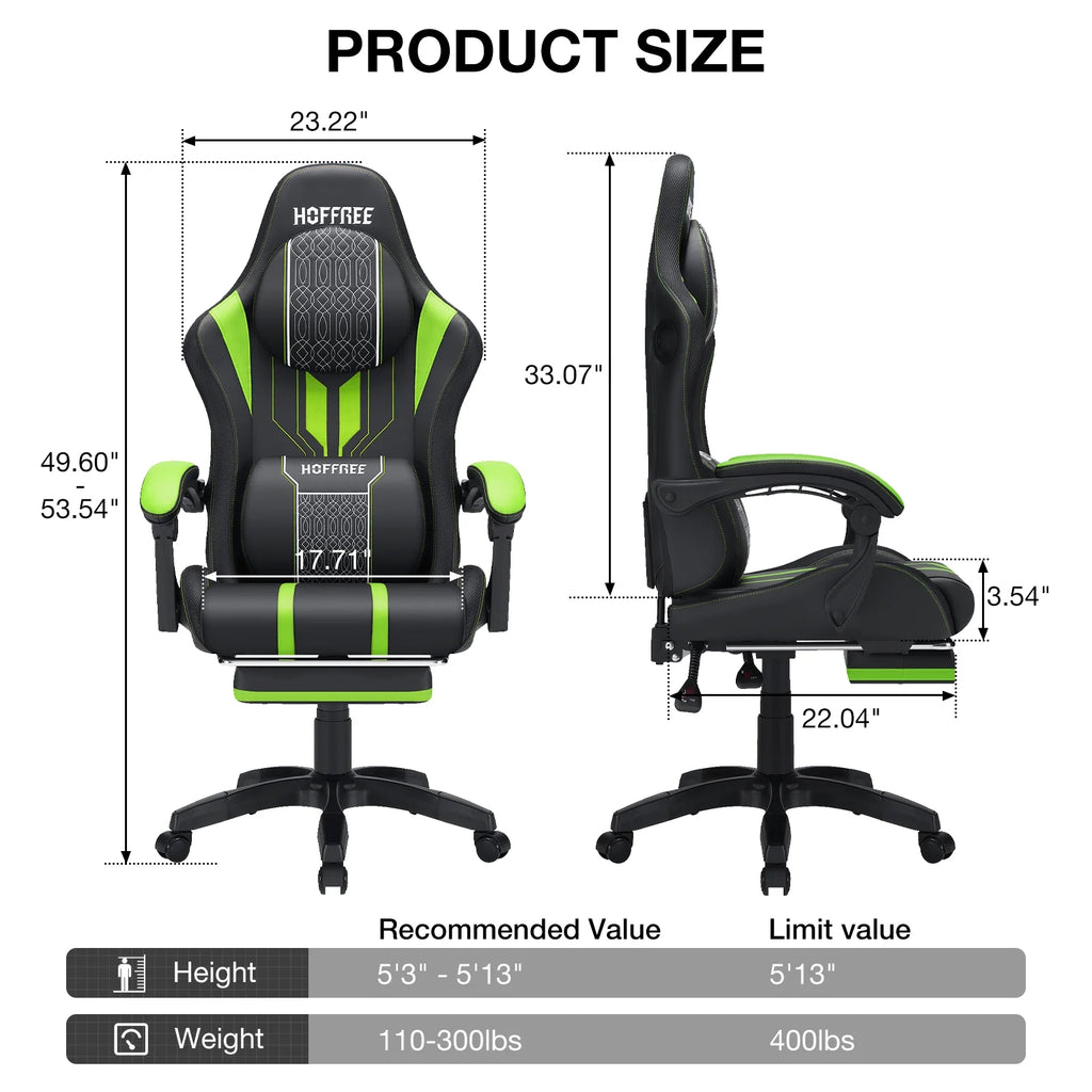 HOFFREE Big and Tall Gaming Chair with Speakers and RGB Lights. Gamer Chair with Footrest. Lumbar Support Height Adjustable 360-Swivel Seat and Headrest for Adults. 400lbs