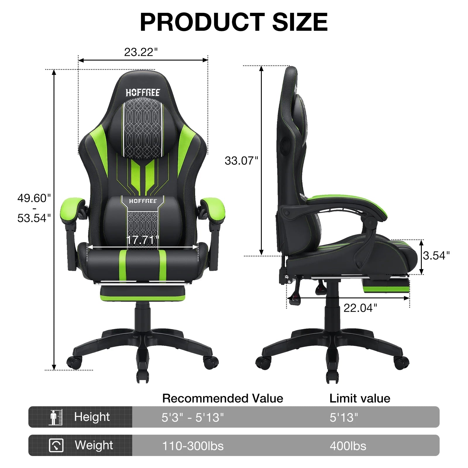 HOFFREE Big and Tall Gaming Chair with Speakers and RGB Lights. Gamer Chair with Footrest. Lumbar Support Height Adjustable 360-Swivel Seat and Headrest for Adults. 400lbs