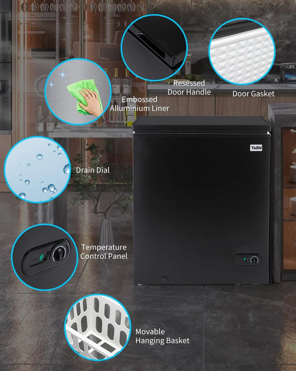 TABU Chest Freezer. 7.0 Cu Ft Deep Freezer with Adjustable Temperature. Compact Freezer with Top Open Door (Black)
