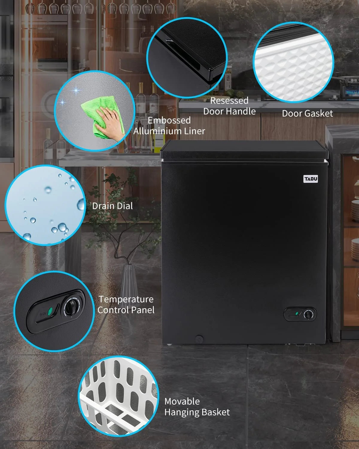 TABU Chest Freezer. 7.0 Cu Ft Deep Freezer with Adjustable Temperature. Compact Freezer with Top Open Door (Black)