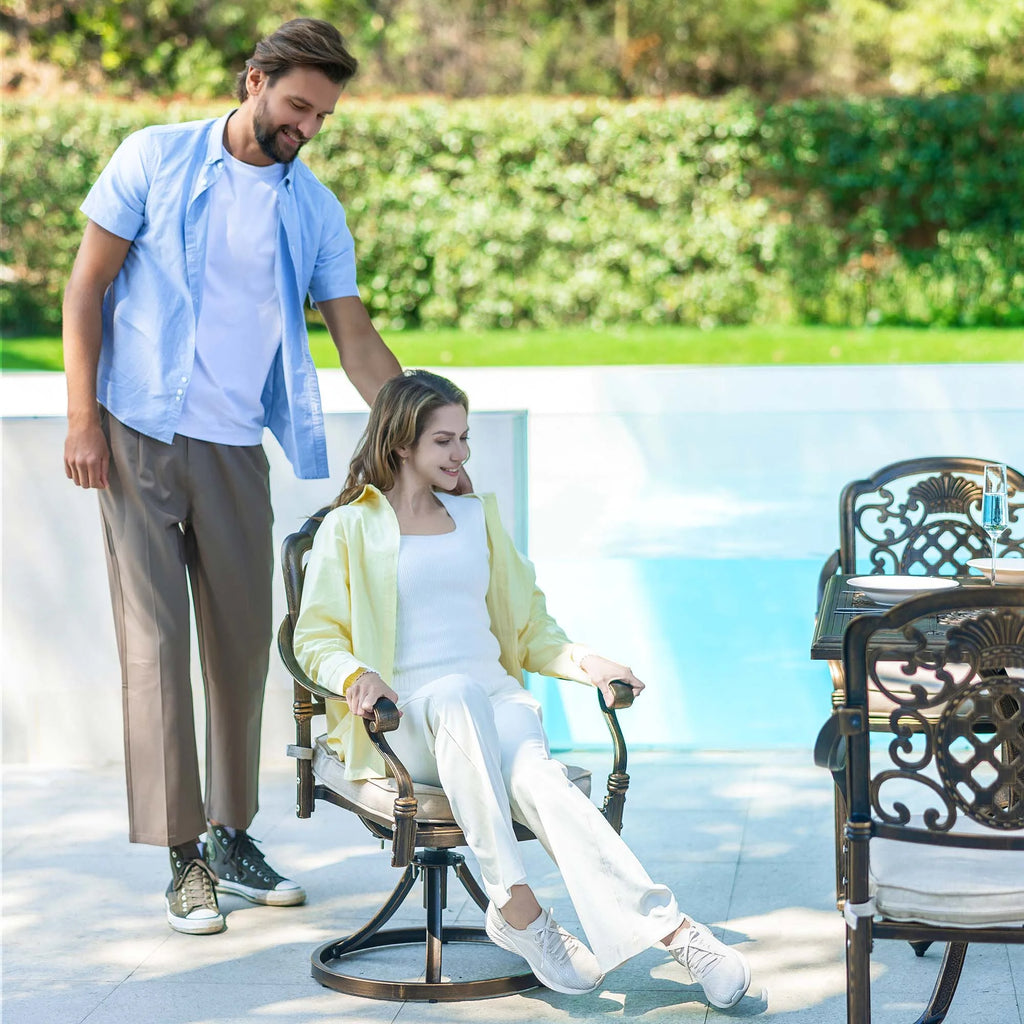 7-Piece Patio Furniture Dining Set. All-Weather Cast Aluminum Outdoor Table and Chairs for 6. Includes 4 Dining Chair & 2 Swivel Chairs & 60���� Rectangular Table. Beige