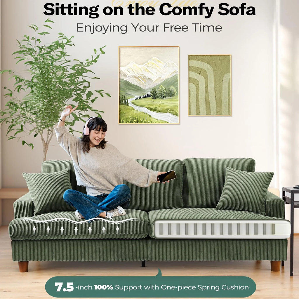 87 Corduroy Sofa.3 Seater Sofa with Extra Deep Seats.Neche Comfy Upholstered Couch for Living Room.2 Pillows.Green