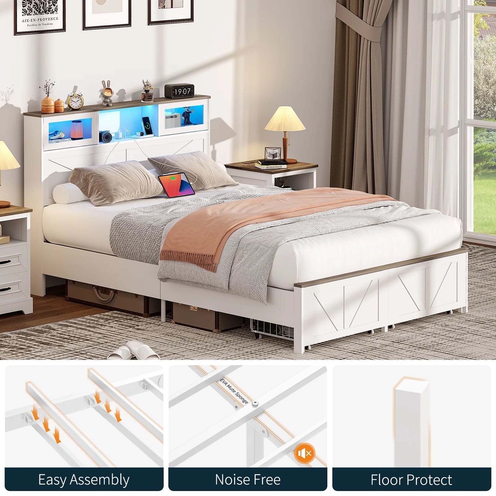 Full Size Bed Frame with Headboard. Full Bed Frame with Charging Station. LED Beds with 2 Storage Drawers.  Wood Farmhouse Bedframe. White