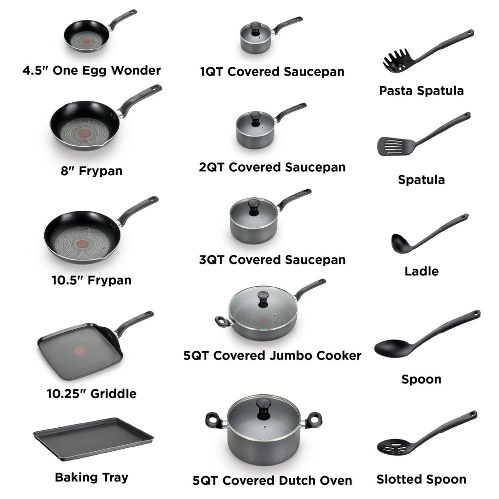 T-fal Easy Care. 20 Piece Non-Stick Pots and Pans Cookware Set. Grey