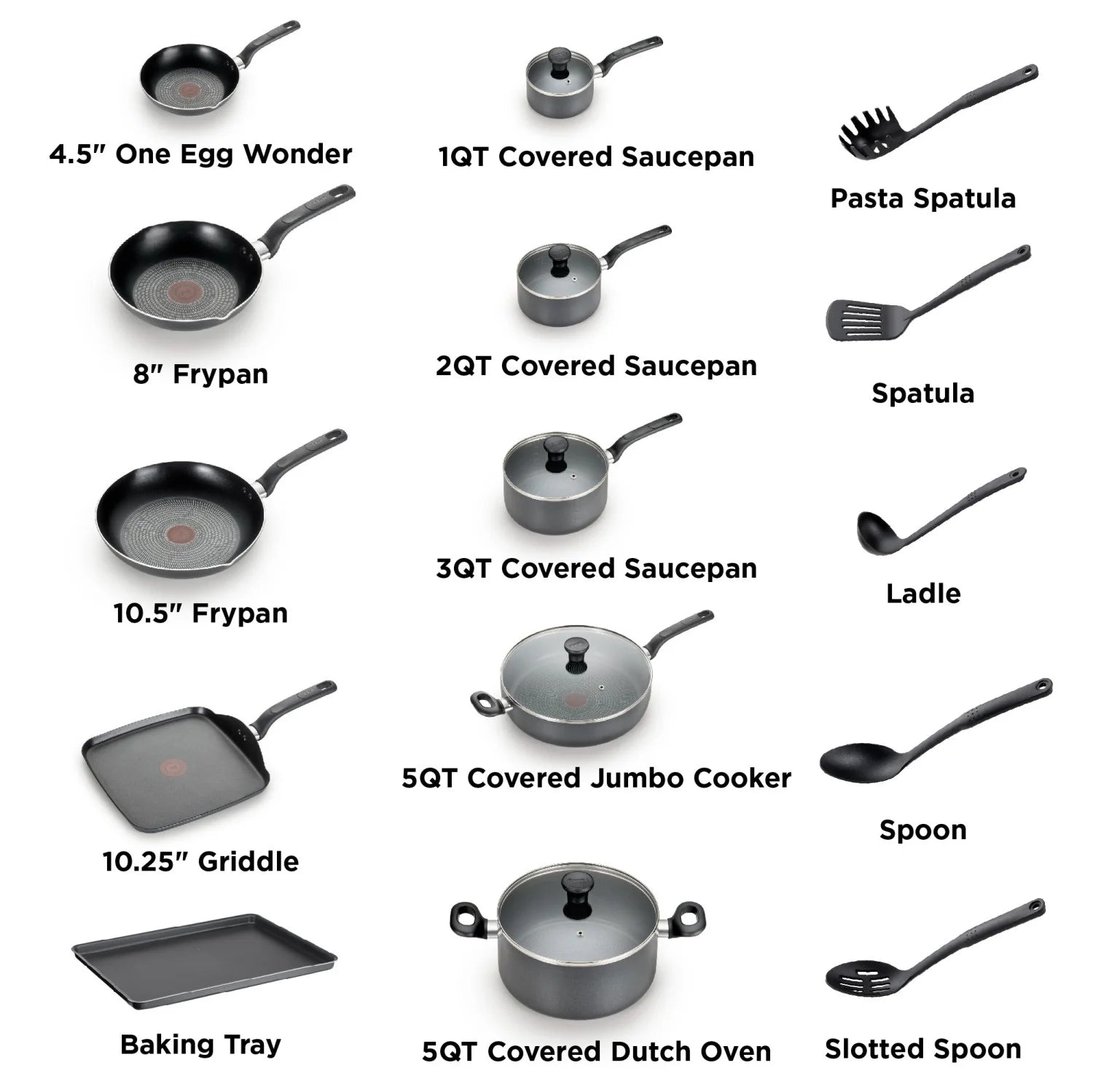 T-fal Easy Care. 20 Piece Non-Stick Pots and Pans Cookware Set. Grey