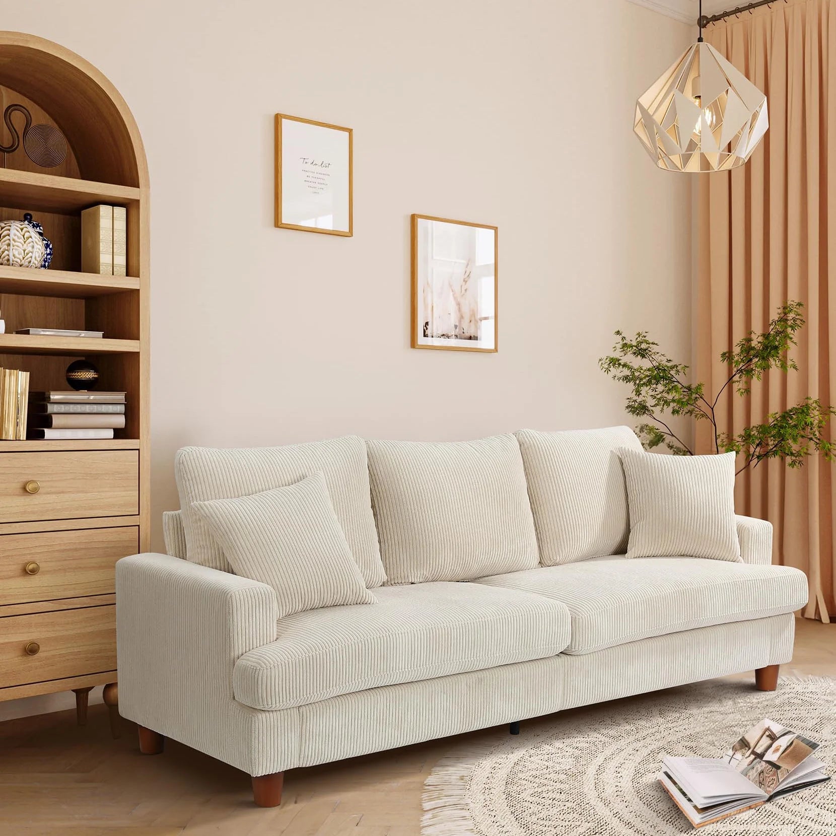 87 Corduroy Sofa.3 Seater Sofa with Extra Deep Seats.Neche Comfy Upholstered Couch for Living Room.2 Pillows.Green