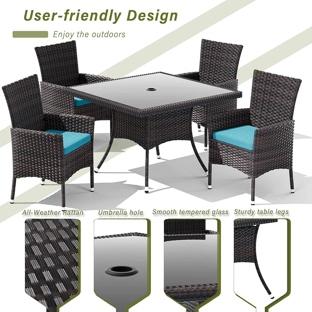 ALAULM 5 Pieces Patio Dining Set Outdoor Rattan Furniture with Square Glass Tabletop 4 Chairs with Cushions for Patio. Backyard Outdoor Kitchen Lawn & Garden Blue
