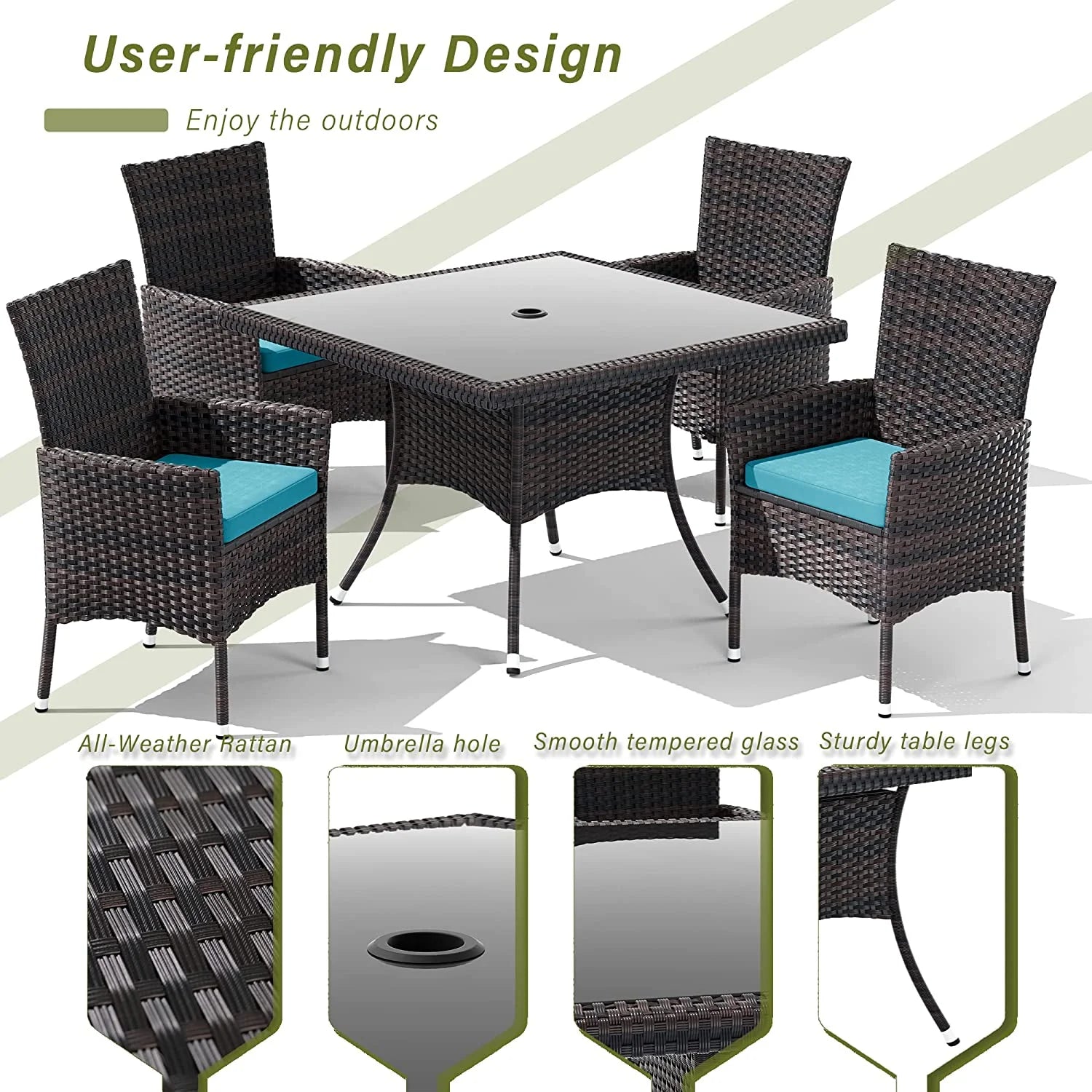 ALAULM 5 Pieces Patio Dining Set Outdoor Rattan Furniture with Square Glass Tabletop 4 Chairs with Cushions for Patio. Backyard Outdoor Kitchen Lawn & Garden Blue