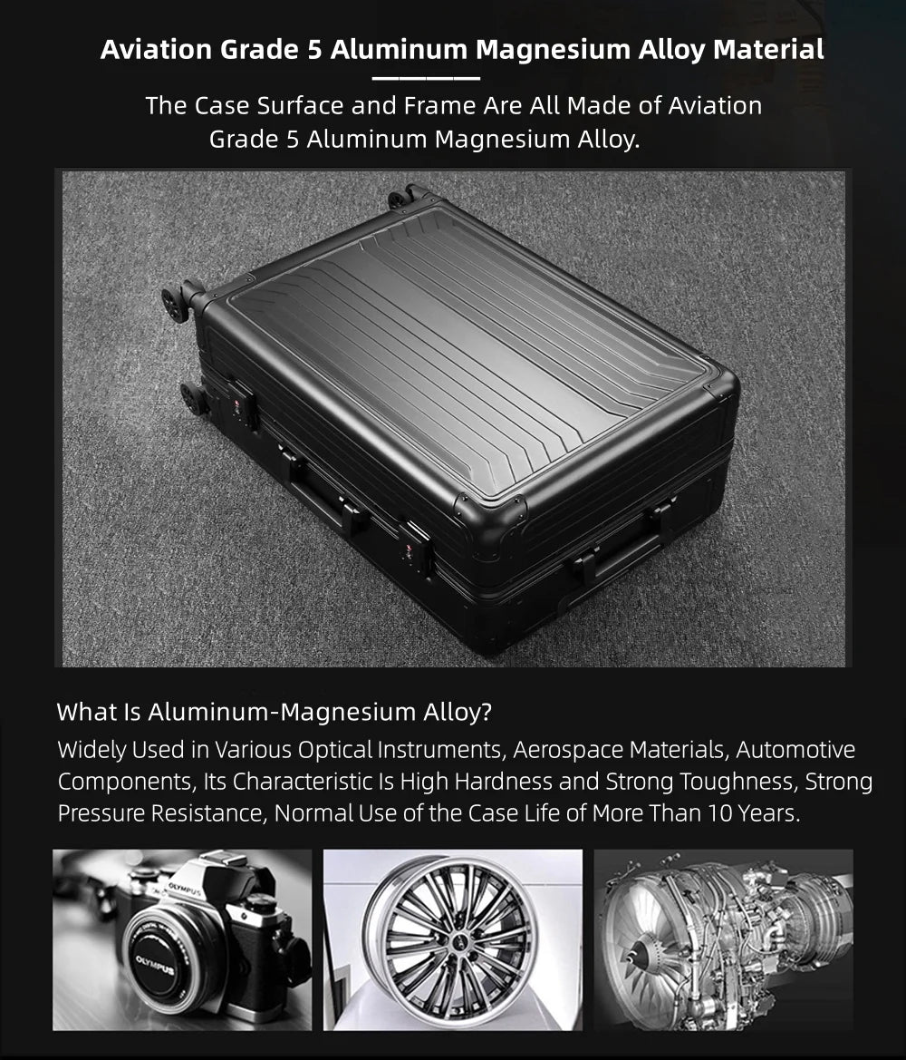 All Aluminum Magnesium Hardshell Carry on Luggage with Wheels. Modern Zipperless Hardshell Checked Luggage with TSA Lock. Airline Approved Metal Suitcase Travel Metal Rolling Luggage