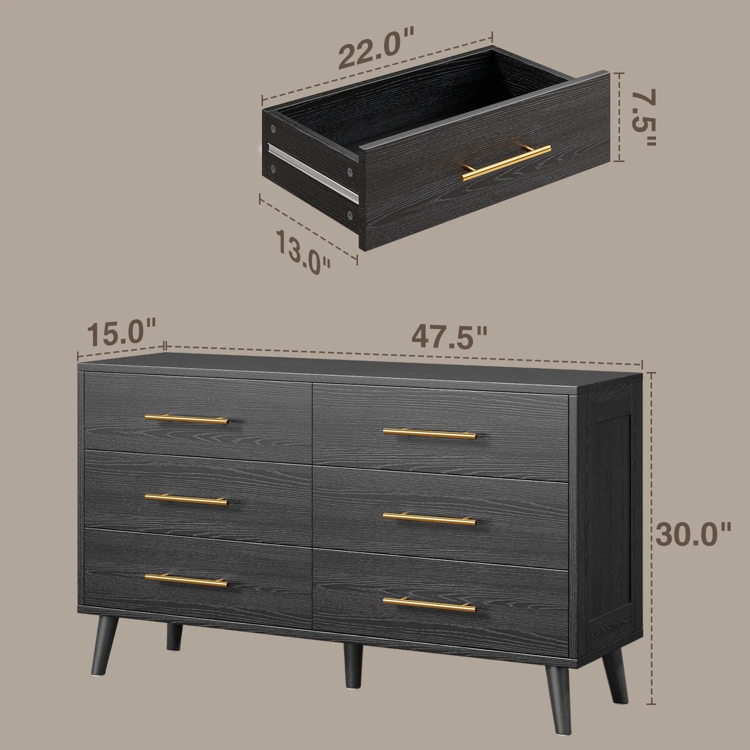 Bedroom Furniture Set - Includes Queen Bed Frame. Nightstands Set of 2. 5-Drawer Dresser & Double Wide 6-Drawer Dresser - Modern Storage Solution for Stylish Home Decor. Black