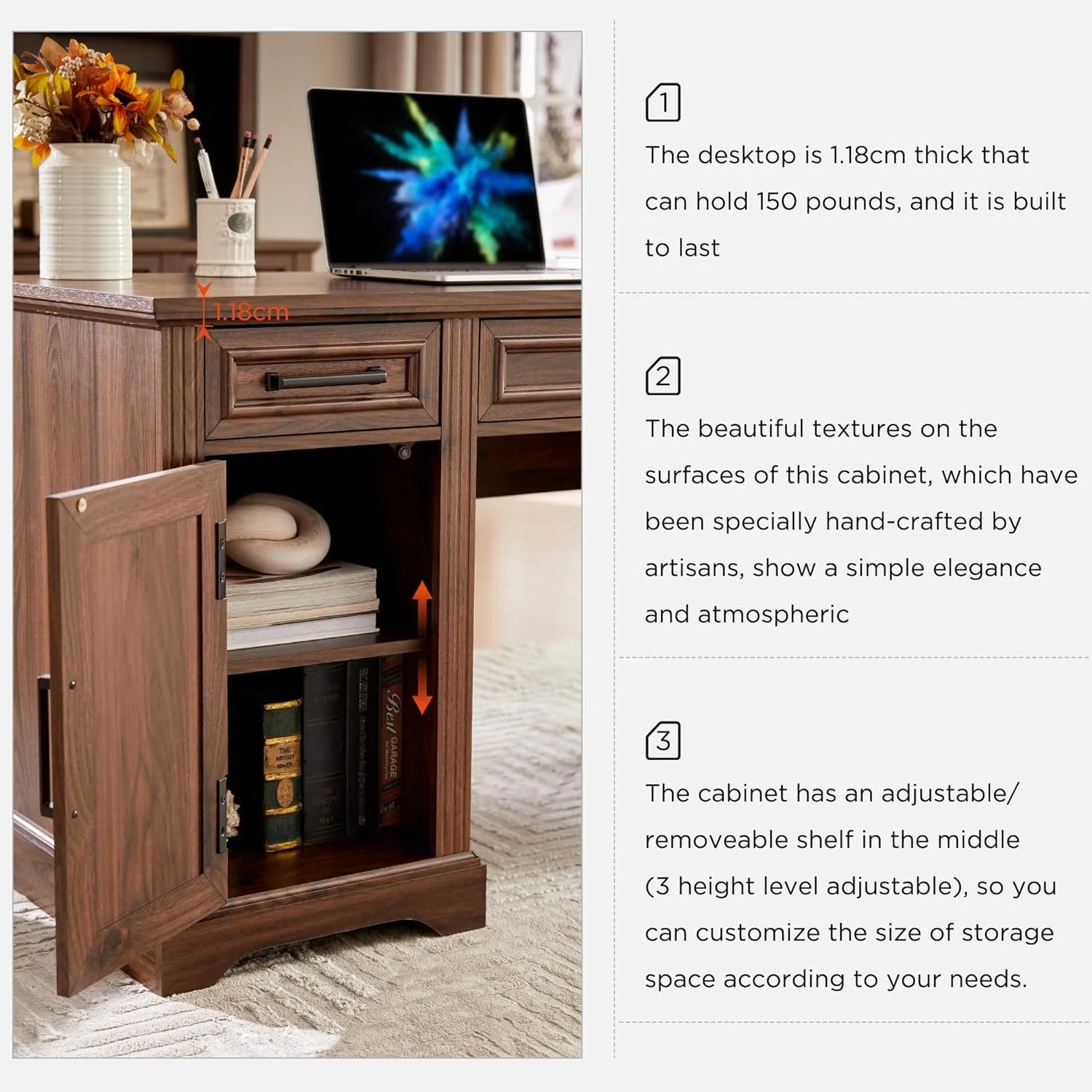 T4TREAM Farmhouse Wood 58 Executive Desk. Home Office 30 High Computer Desk with Drawers and Storage Cabinet. White