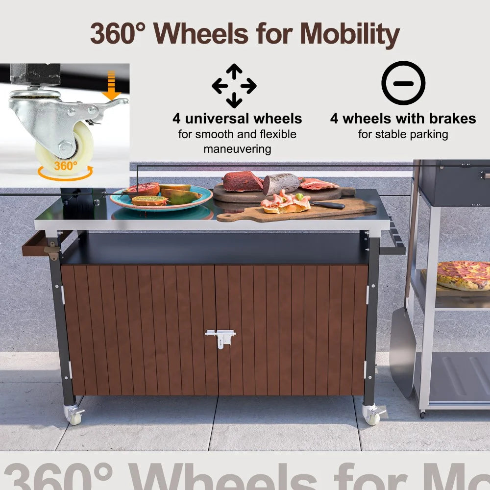 IVV BBQ Grill Storage Cart/Bin. Outdoor Storage Cabinet on Wheels. Metal Kitchen Dining Table Cooking Prep Table with Wheels. Hooks. and Spice Rack. for Patio Island Home Party Bar (Brown)