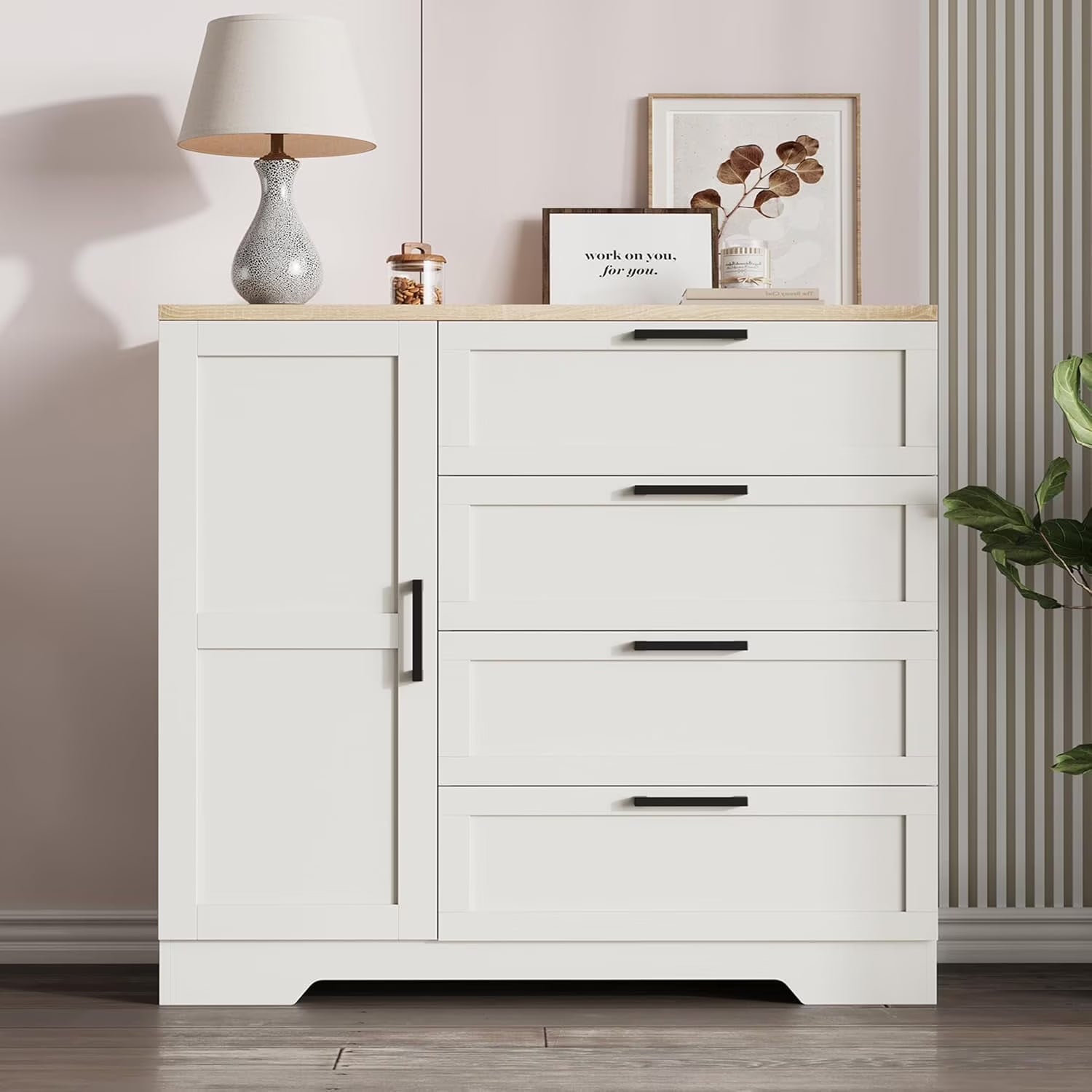 43.3 H Armoire Wardrobe Closet with 4 Drawers & Hanging Rod. Multifunctional Wood Storage Cabinet for Bedroom. Natural Oak