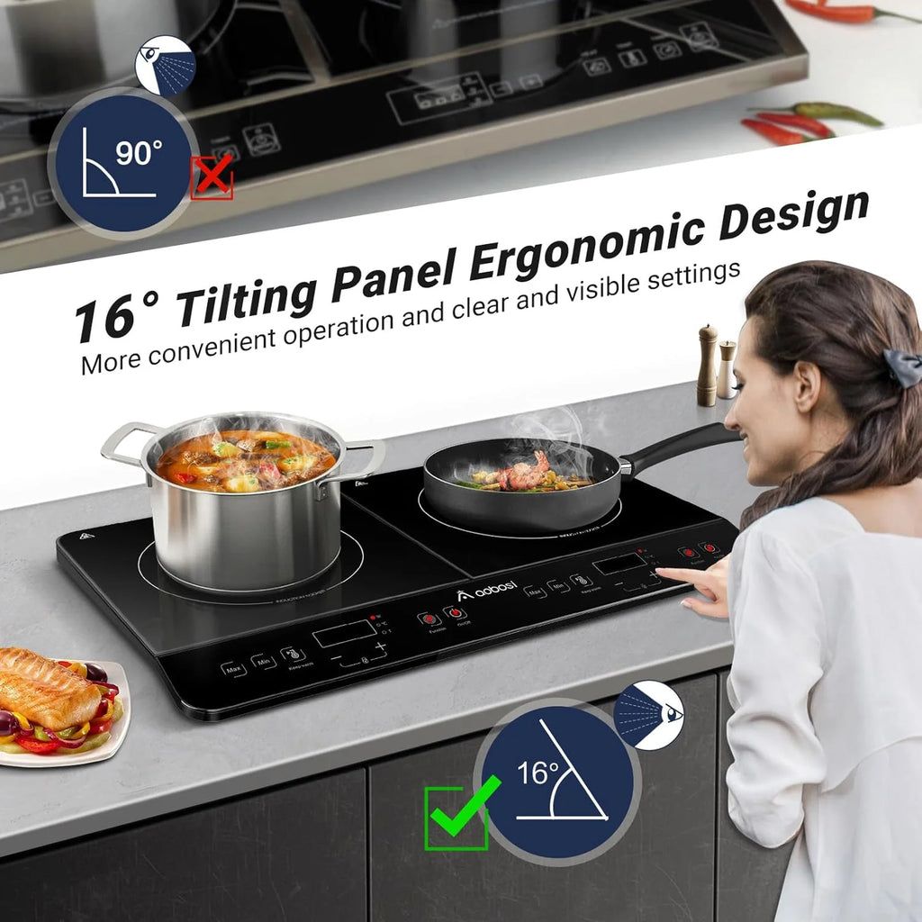 Aobosi Double Induction Cooktop with 2 Burners. 1800W Electric Stove Cooktop with Sensor Touch. 10 Temperature 9 Power Settings