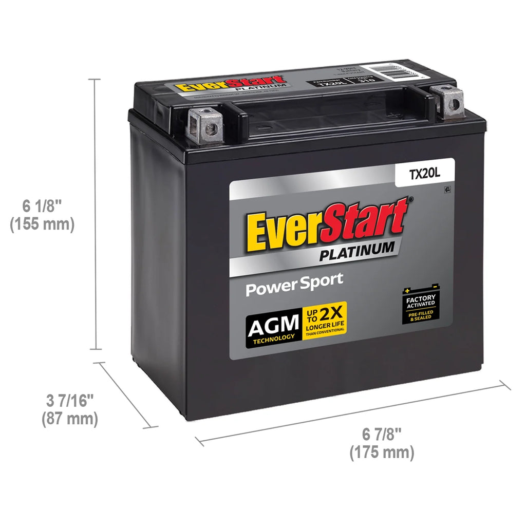 EverStart Platinum BOXED AGM Power Sport Battery. Group Size TX20L 12 Volt. 310 CCA