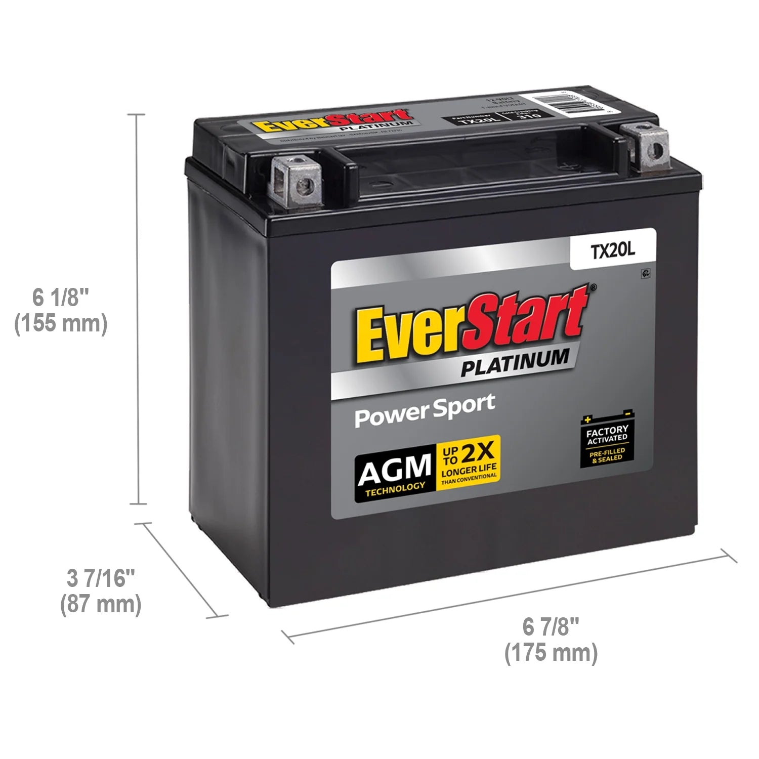 EverStart Platinum BOXED AGM Power Sport Battery. Group Size TX20L 12 Volt. 310 CCA