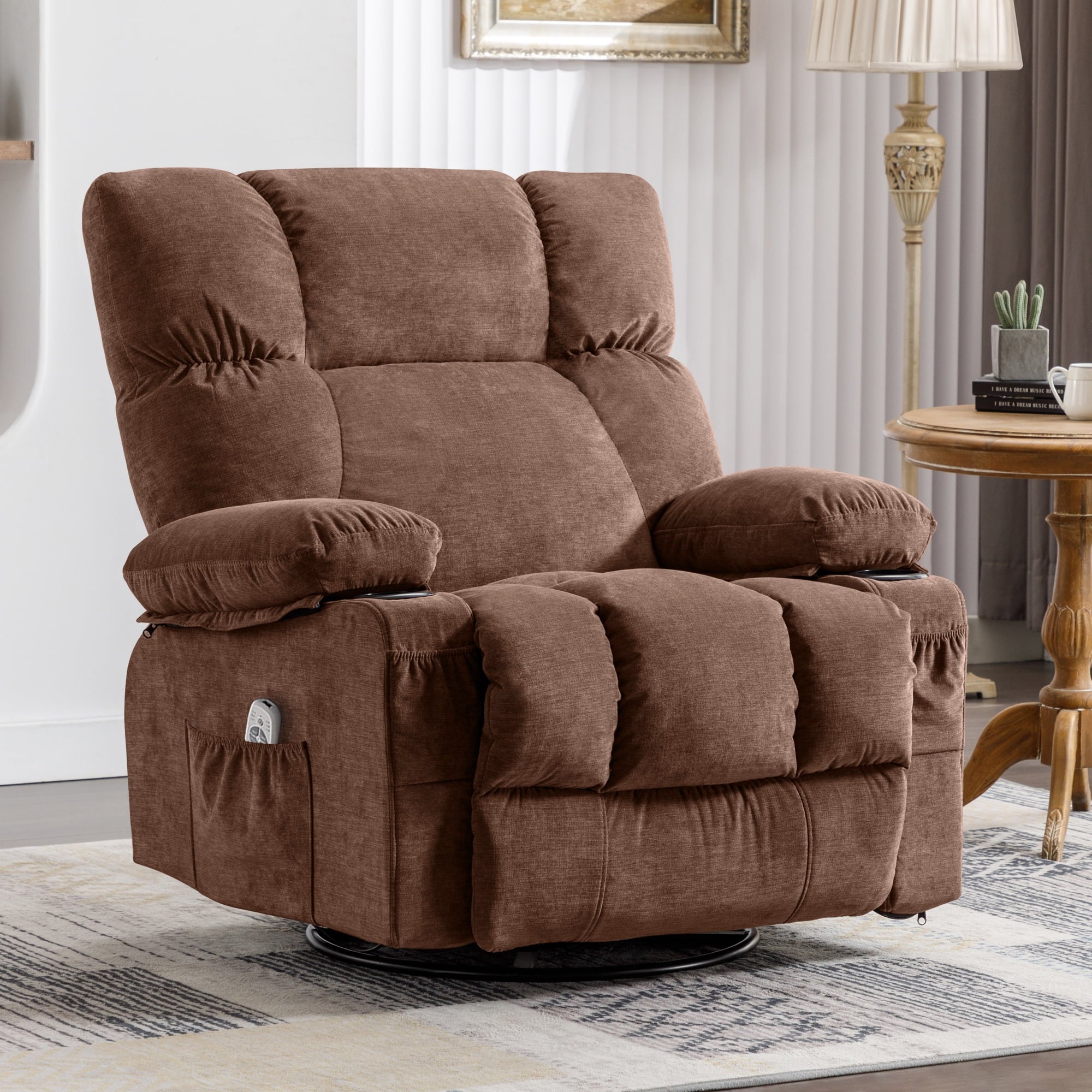 JONPONY Manual Recliner Chair with Heat Therapy and Massage Function. Heavy Duty Reclining Mechanism Massage Chair. Elderly Single Rocker Sofa with Cup Holders for Bedroom Home Theater.Grey