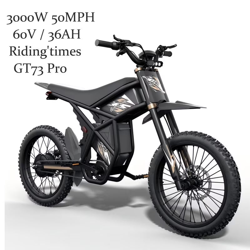 GT73 PRO 338 NM Electric Dirt Bike for Adults.3000W(Peak)Dual Motor 50Mph Max Speed.60V 50MPH 36.4AH Dual Battery Ebike.85 Miles Range. 25 Motorcycle Tires. All-Terrain for Mountain. Snow. UL2849