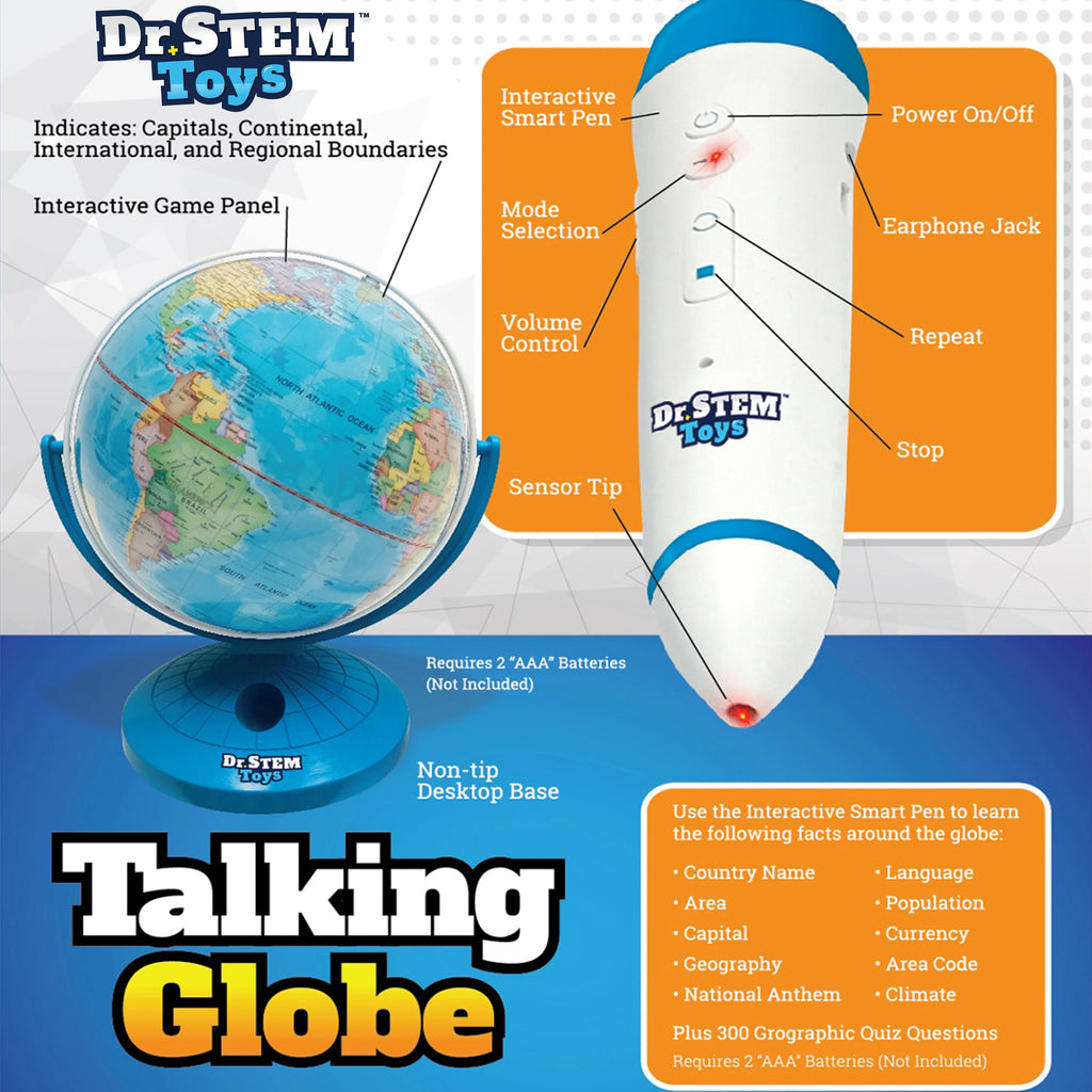 Dr. STEM: Interactive Talking Globe - Touch & Learn. Geographic Education Learning Set. Smart Pen. Electronic Game Panel. 300 Quiz Questions. Kids 6+