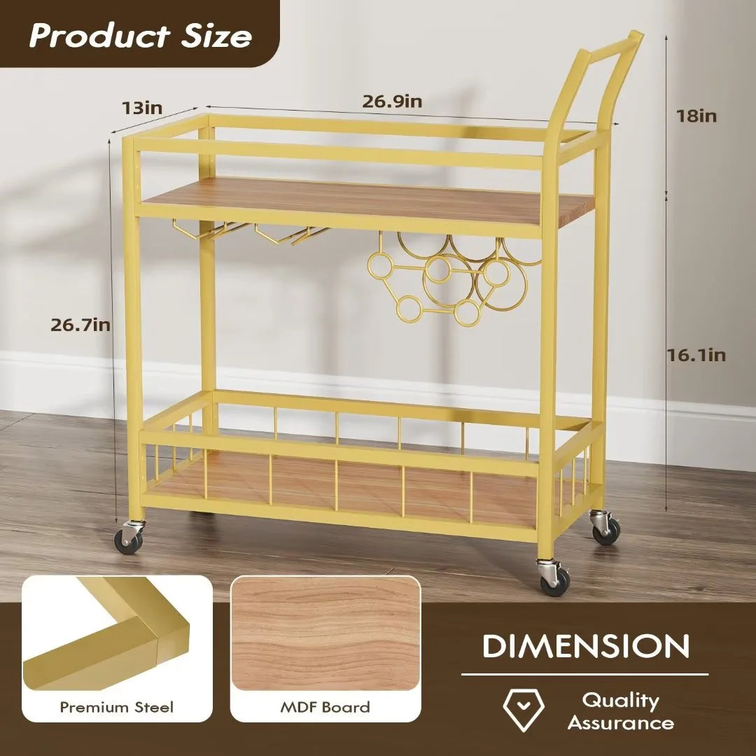 Vineego Bar Cart Home Industrial Mobile Bar Cart Serving Wine Cart on Wheels with Wine Rack and Glass Holder 2 Wood Storage Shelves for Living Room. Kitchen. Party (Gold)
