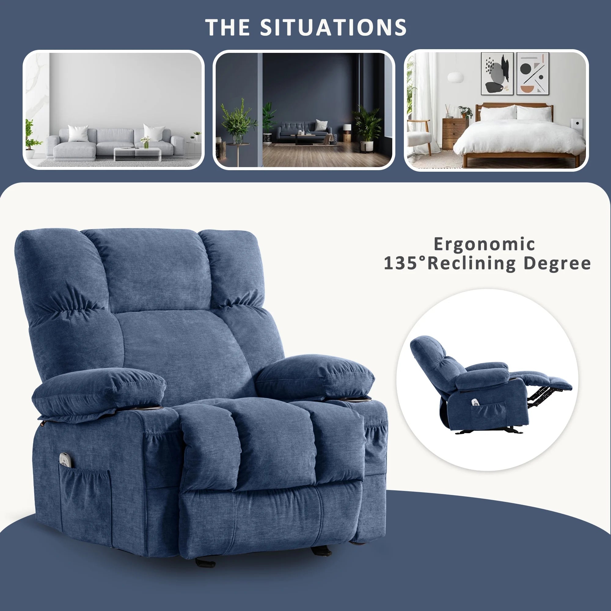JONPONY Manual Recliner Chair with Heat Therapy and Massage Function. Heavy Duty Reclining Mechanism Massage Chair. Elderly Single Rocker Sofa with Cup Holders for Bedroom Home Theater.Grey