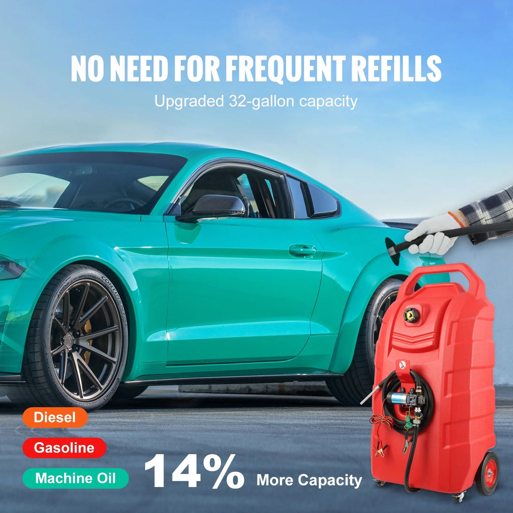KFFKFF Fuel Carrier. 32 Gallon. Mobile Fuel Storage Unit On-Wheels. Equipped with 12V DC Transfer Pump. Gasoline Diesel Fuel Holder with 8.2 ft Hose. Flow Rate 7L/min. Suitable for Trucks. Boats