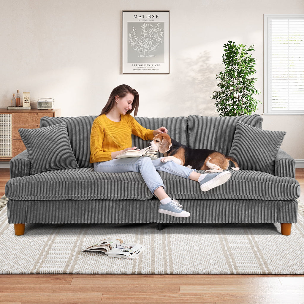 87 Corduroy Sofa.3 Seater Sofa with Extra Deep Seats.Neche Comfy Upholstered Couch for Living Room.2 Pillows.Green