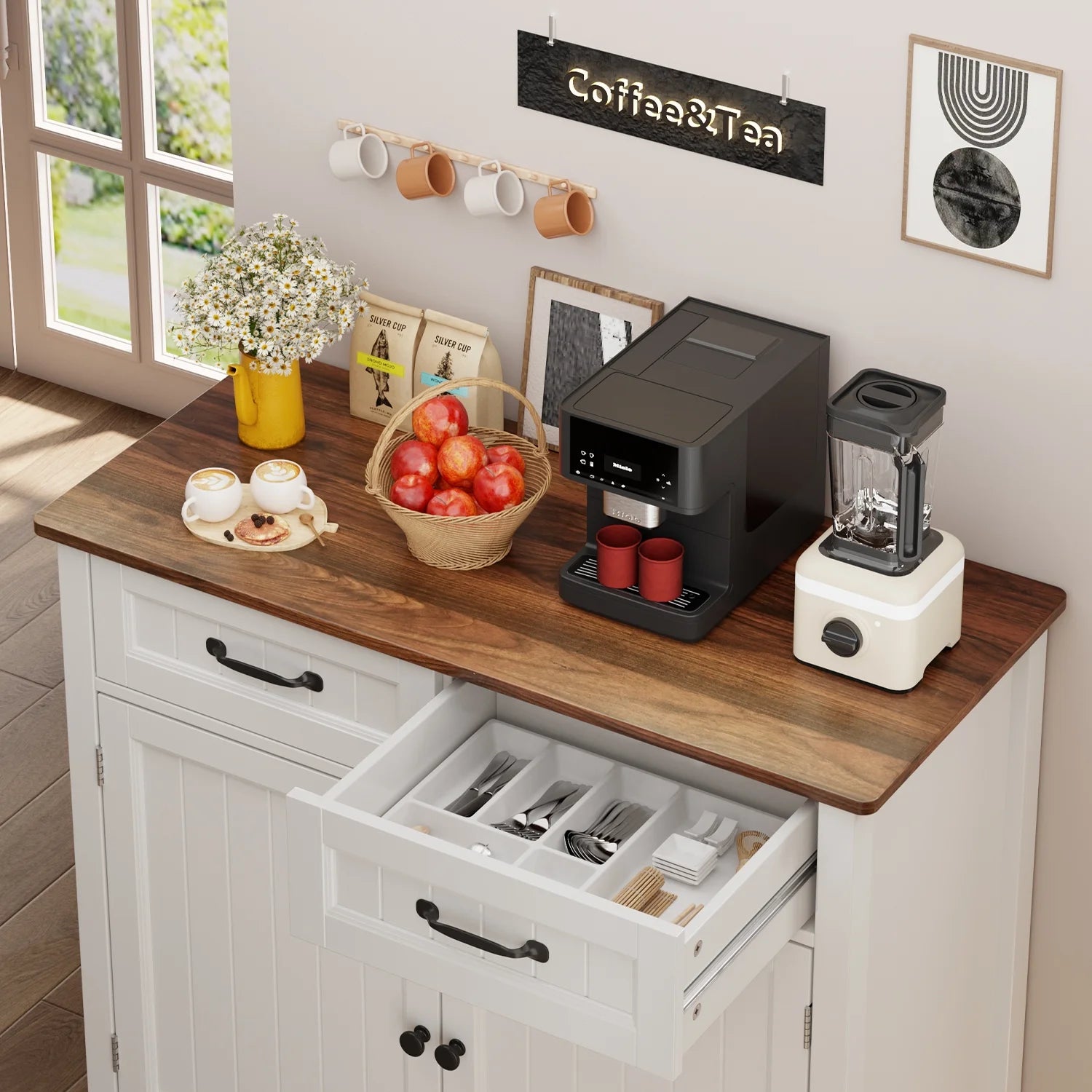Coffee Bar. Lofka 42 Kitchen Storage Cabinet. Sideboard Buffet Cabinet with 8 Shelves. 1 Drawer