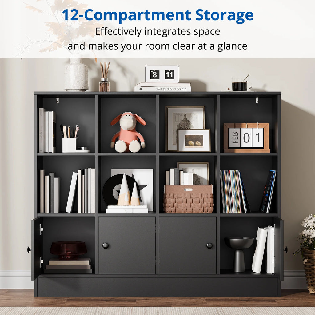 Cozy Castle 3-Tier Open Cube Bookcase with 12 Cubes and 4 Doors. Adjustable Shelves. White
