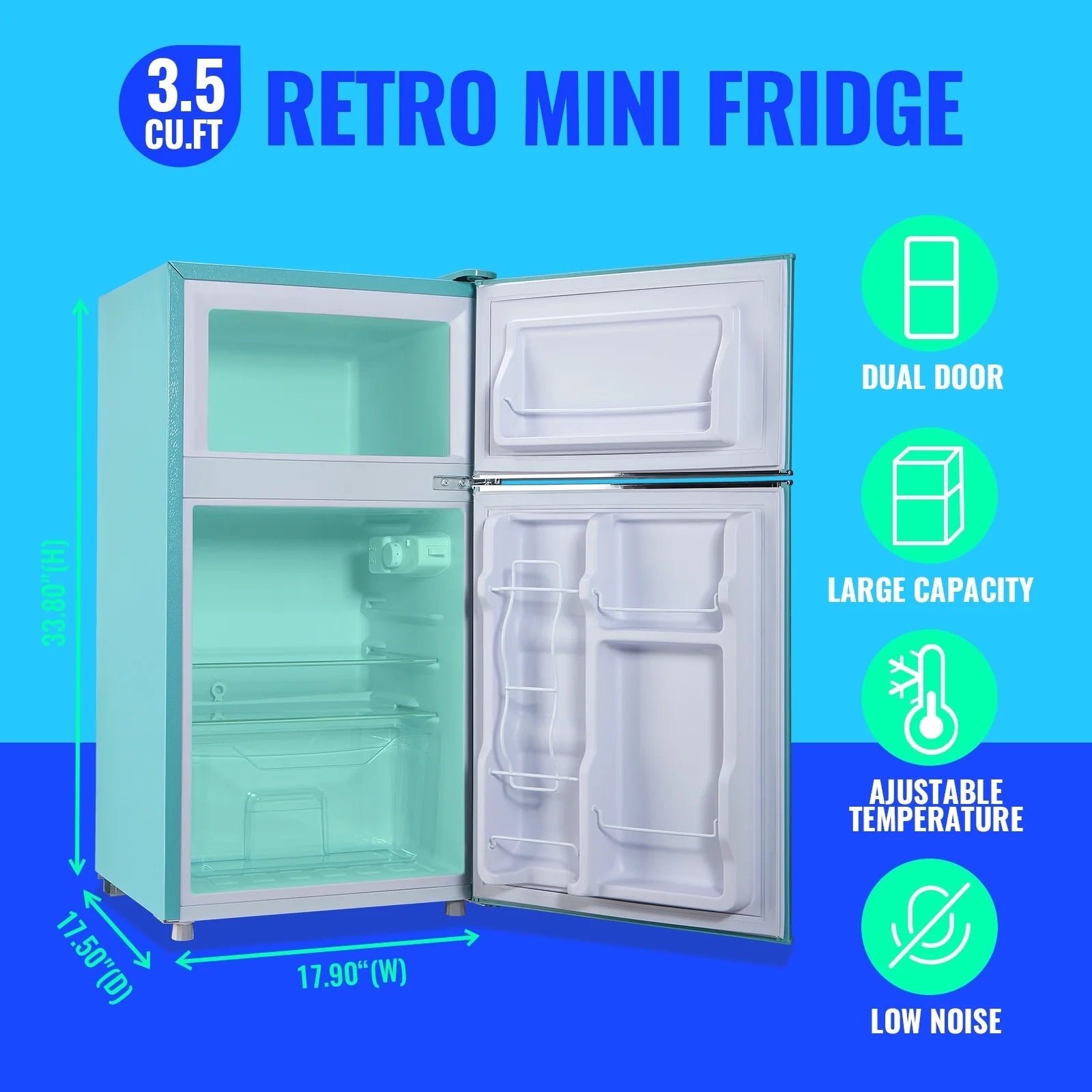 Tacool 3.5 Cu.ft Retro Mini Fridge with Freezer. 2 Door Small Refrigerator with 7 Adjustable Thermostat for Home. Blue