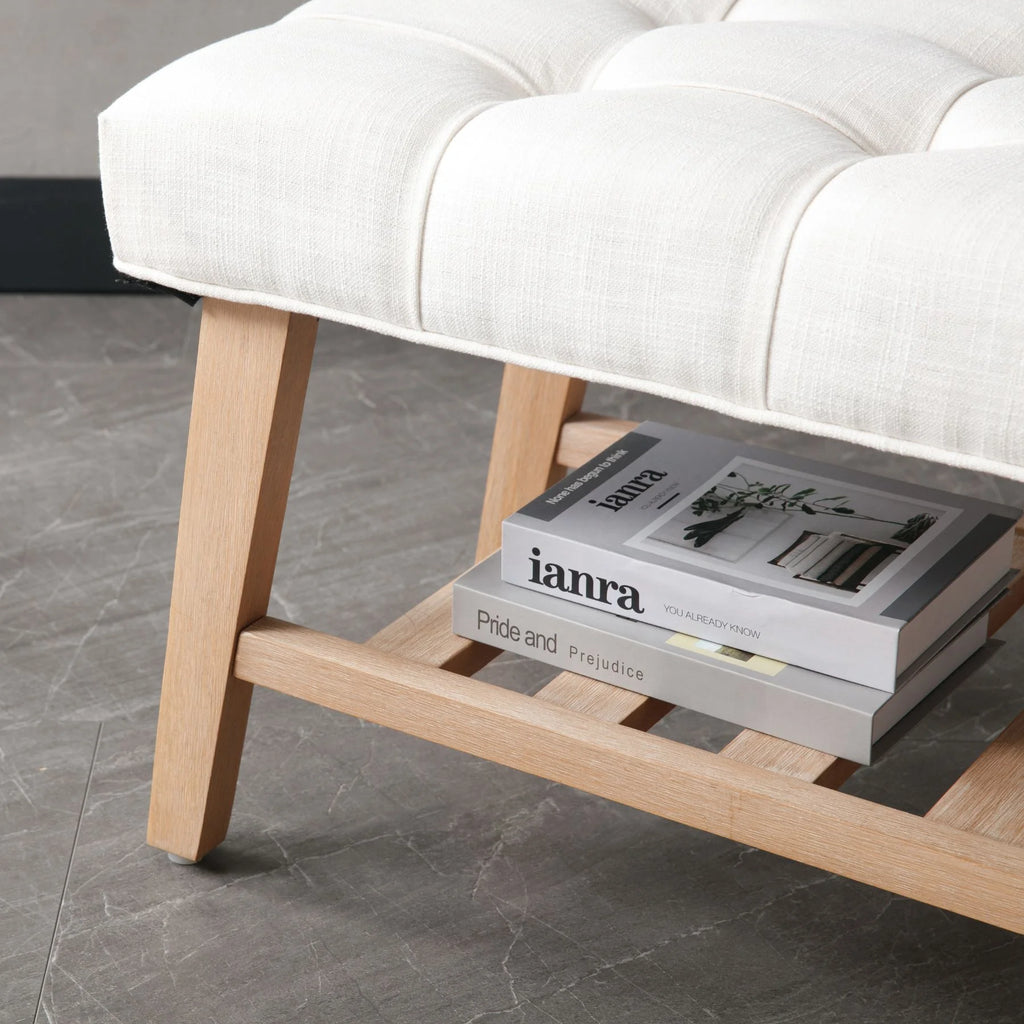 Dayalane Upholstered Storage Bench with Shoe Rack.Linen Fabric Entryway Bench for Living Room. Bedroom and Hallway. Multi Functional Ottoman with Solid Wood Shelf. Beige