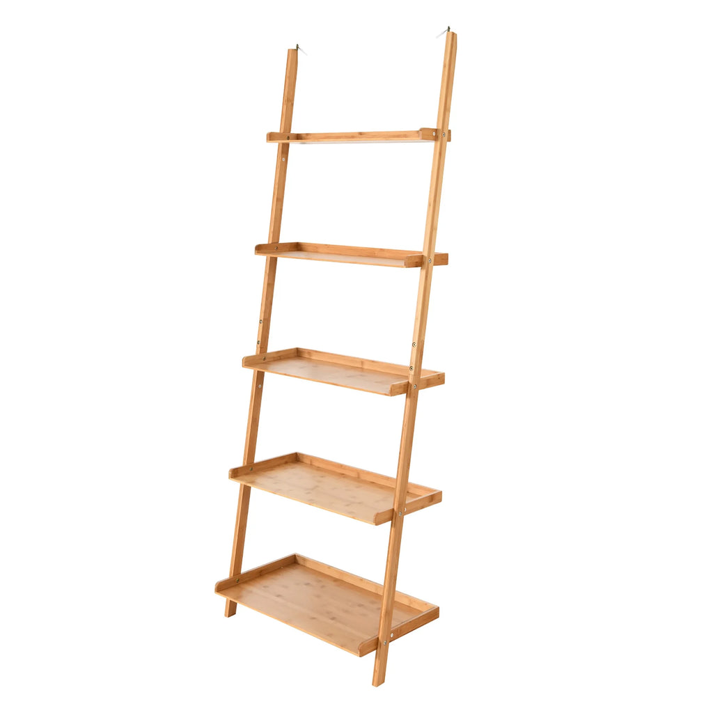 Costway 5-Tier Ladder Shelf Bamboo Bookshelf Wall-Leaning Storage Display Plant Stand
