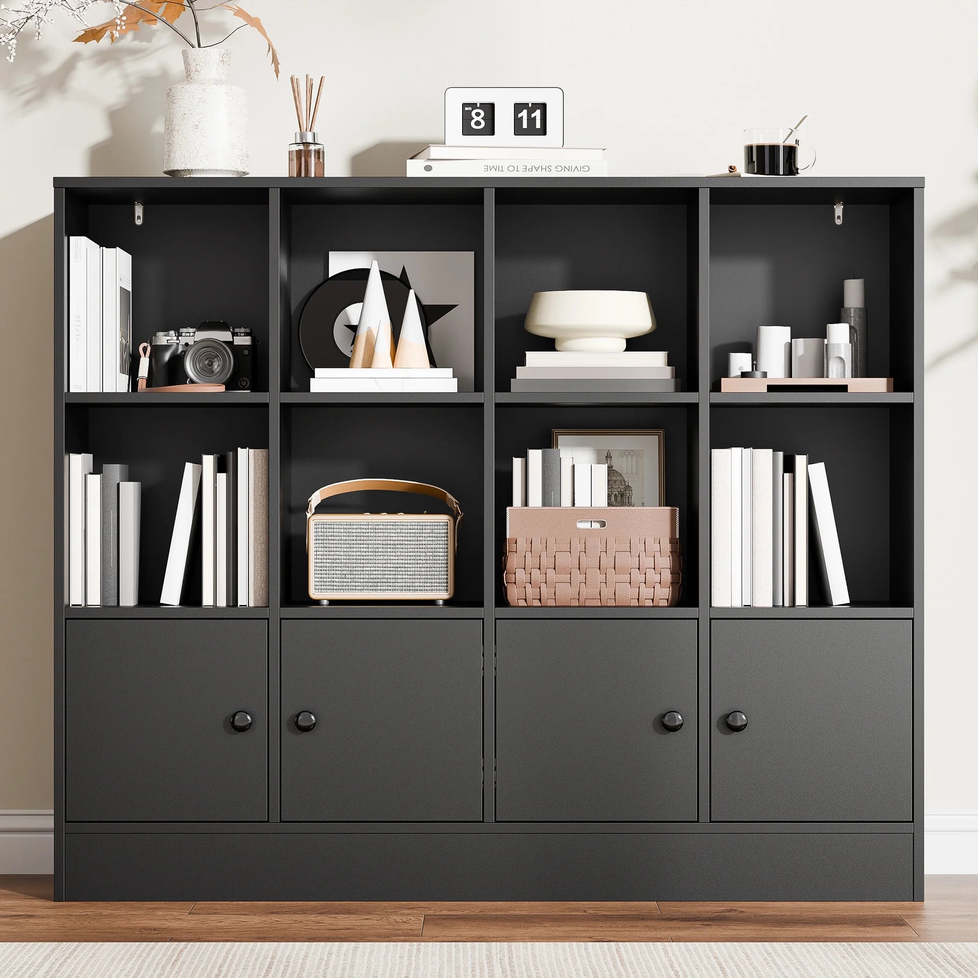 Cozy Castle 3-Tier Open Cube Bookcase with 12 Cubes and 4 Doors. Adjustable Shelves. White
