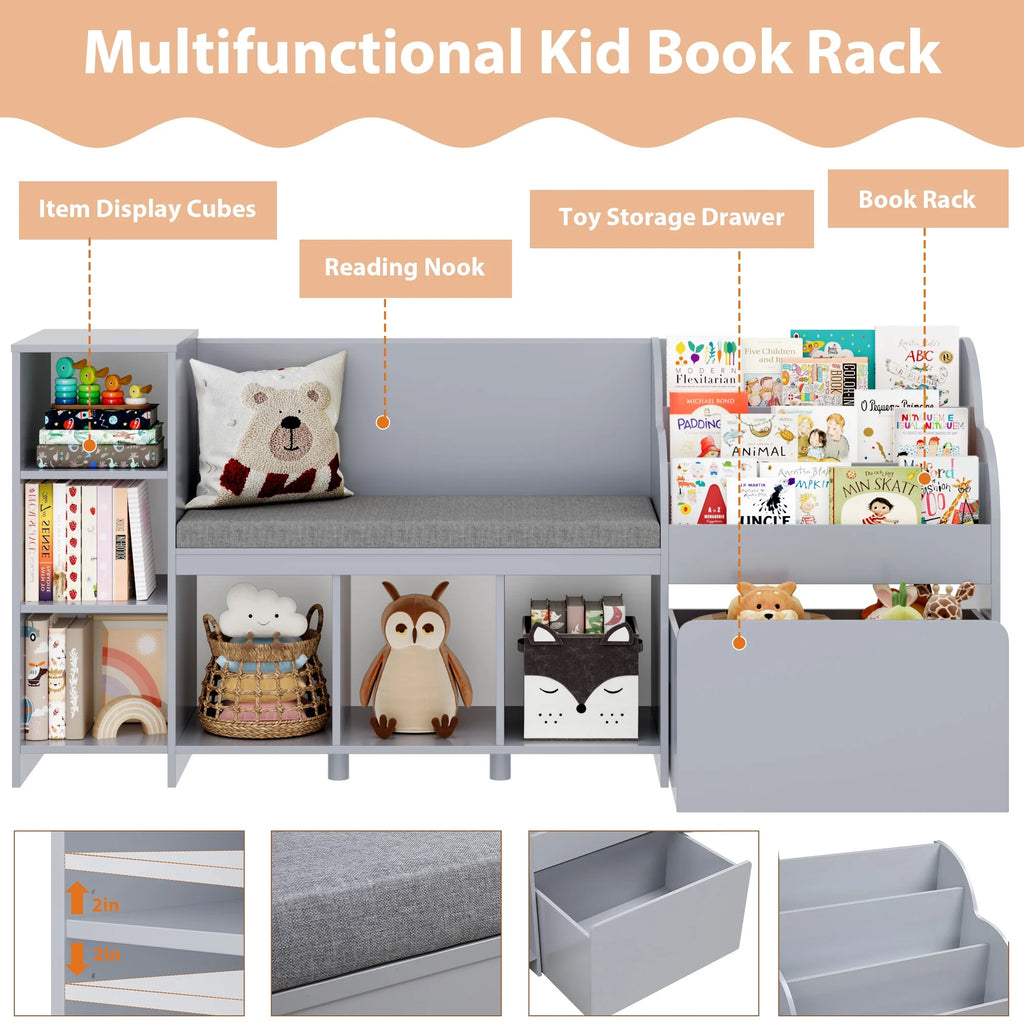 Homfa Kids Bookshelf with Reading Nook. 6 Shelf Bookcase with 1 Wood Toy Bin with 3 Tier Book Rack for Children Kidsroom