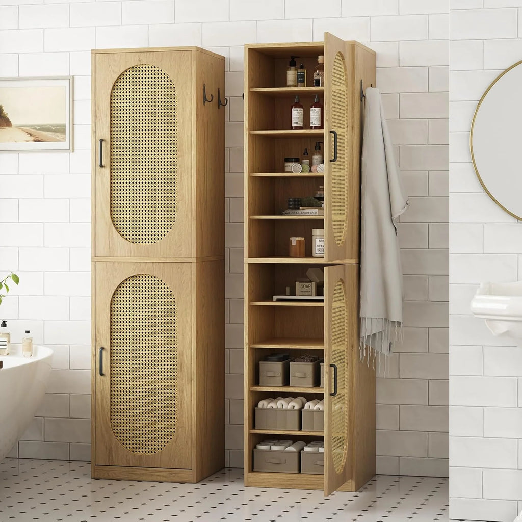 66-Inch Bathroom Storage Cabinet with Rattan Doors.  Bath Room Organizer Floor Cabinets Brown