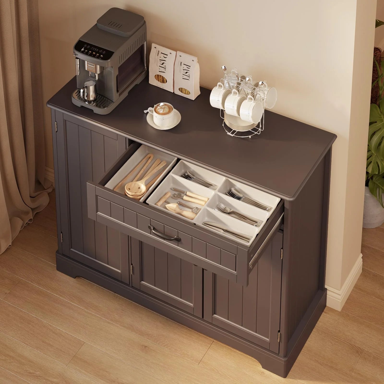 Coffee Bar. Lofka 42 Kitchen Storage Cabinet. Sideboard Buffet Cabinet with 8 Shelves. 1 Drawer