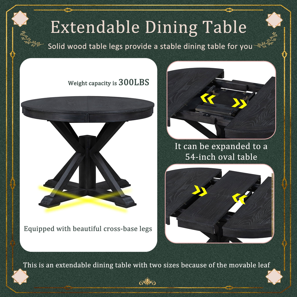 Besthome Farmhouse Extendable Round Kitchen Dining Room Table Set with Upholstered Chairs of 4. 5 Piece Round Dining Table Set with Extendable Table. Espresso