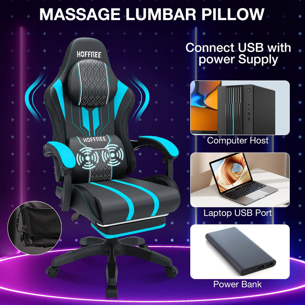 HOFFREE Big and Tall Gaming Chair with Speakers and RGB Lights. Gamer Chair with Footrest. Lumbar Support Height Adjustable 360-Swivel Seat and Headrest for Adults. 400lbs