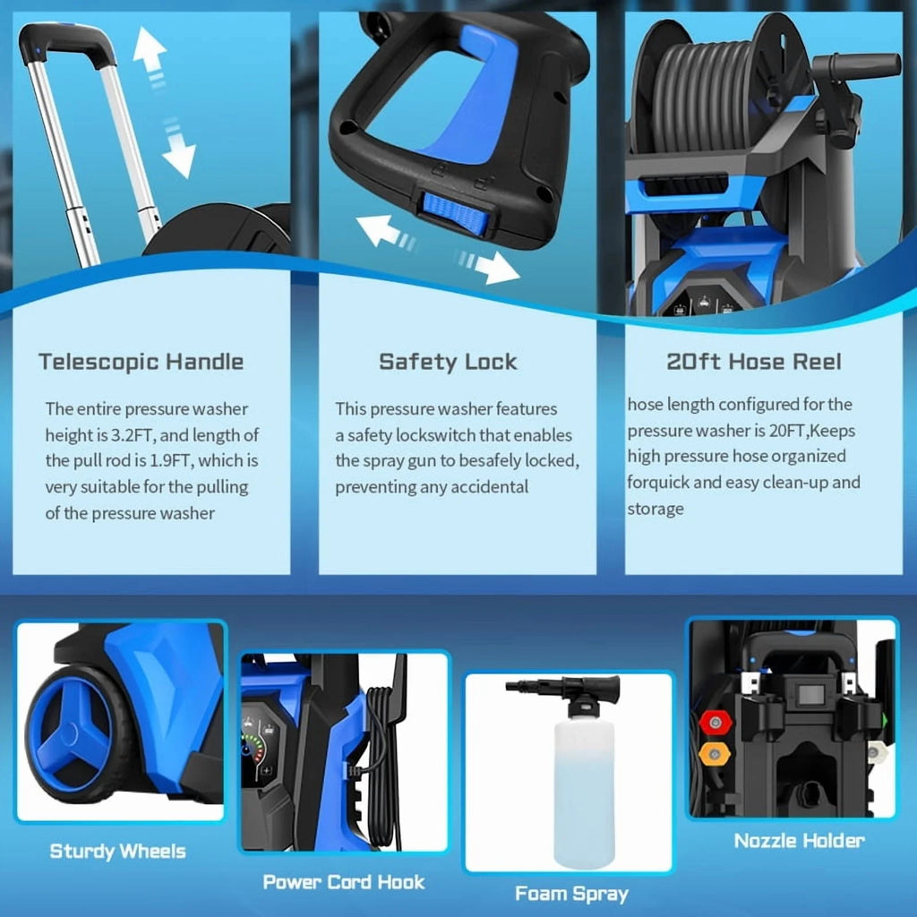 Electric Pressure Washer 5000PSI-Max 3.6GPM Power Washer Touch Screen Adjustable Pressure.4 Nozzles and 500ml Foam Cannon Power Washer Cleaning for Patio Blue