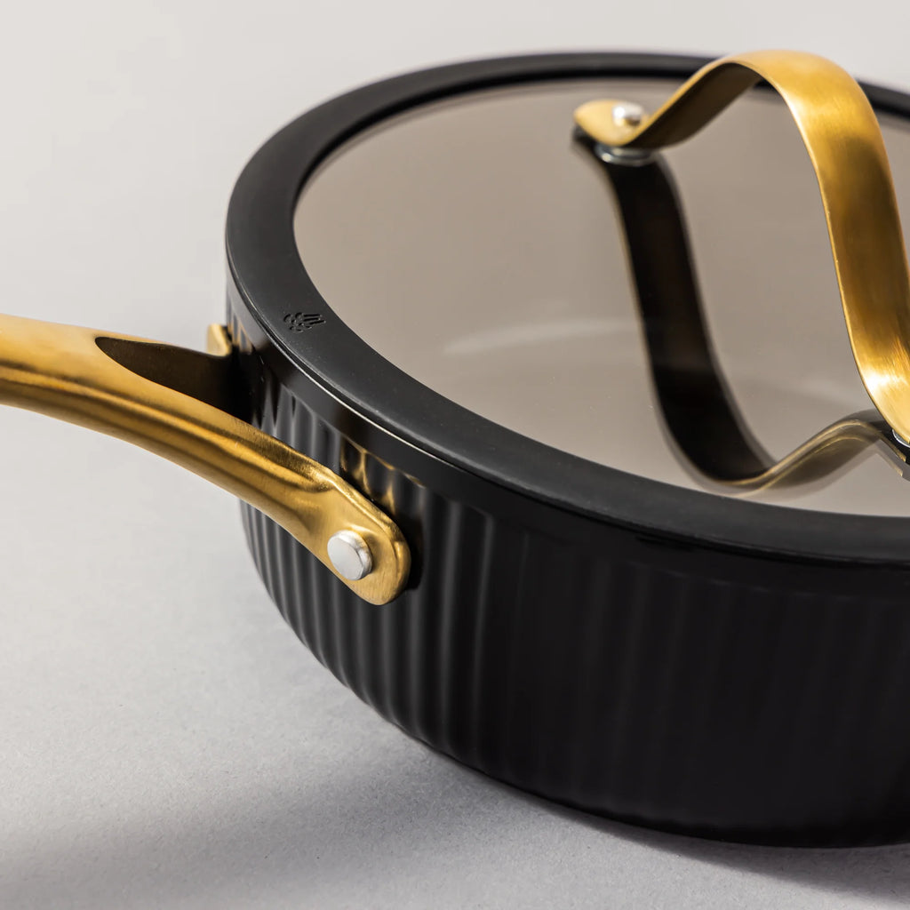 Thyme & Table 12-Piece Nonstick Signature Ribbed Cookware Set. Pots and Pans Set - Black & Gold