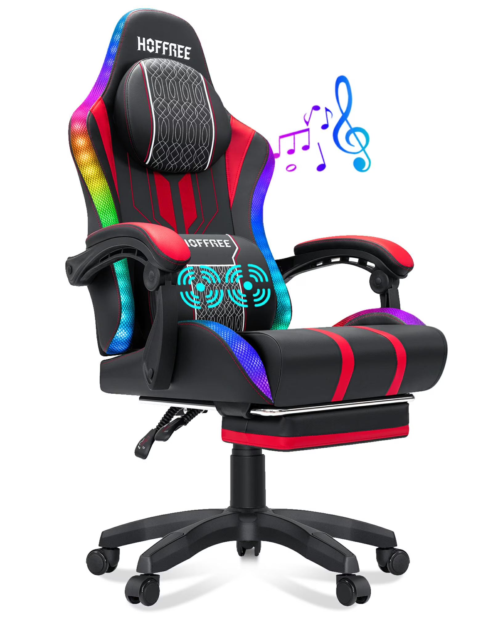 HOFFREE Big and Tall Gaming Chair with Speakers and RGB Lights. Gamer Chair with Footrest. Lumbar Support Height Adjustable 360-Swivel Seat and Headrest for Adults. 400lbs