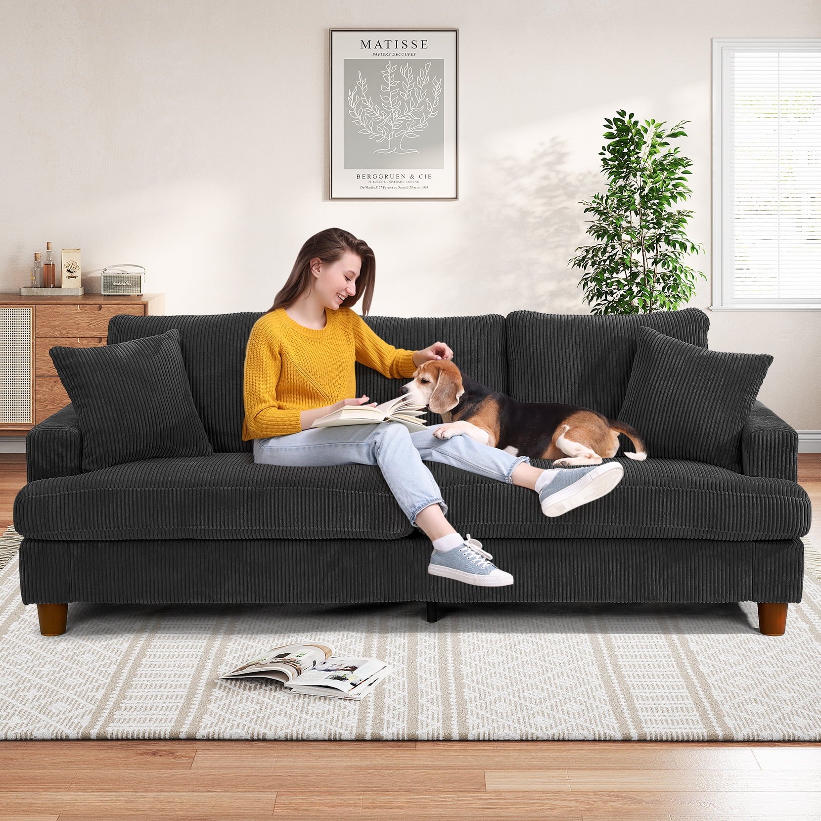 87 Corduroy Sofa.3 Seater Sofa with Extra Deep Seats.Neche Comfy Upholstered Couch for Living Room.2 Pillows.Green