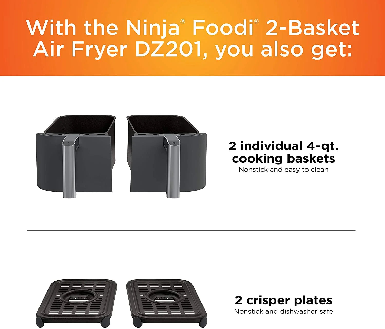 Restored Ninja DZ201 Foodi 6-in-1 2-Basket Air Fryer with DualZone Technology. 8-Quart Capacity. and a Dark Grey Stainless Finish (Refurbished)