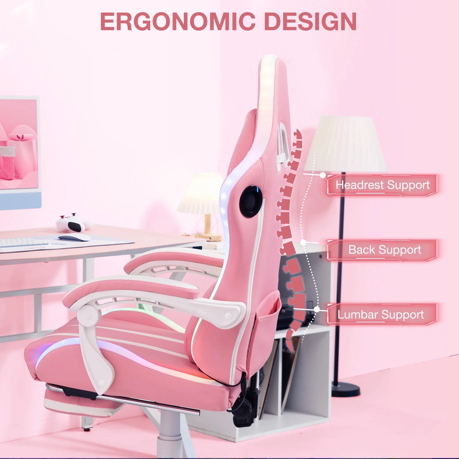 HOFFREE Big and Tall Gaming Chair with Speakers and RGB Lights. Gamer Chair with Footrest. Lumbar Support Height Adjustable 360-Swivel Seat and Headrest for Adults. 400lbs