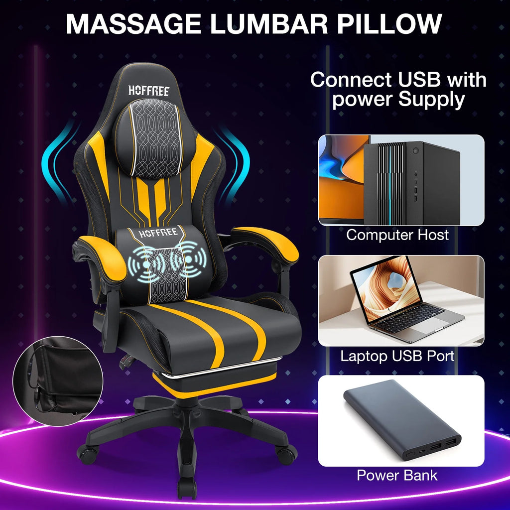 HOFFREE Big and Tall Gaming Chair with Speakers and RGB Lights. Gamer Chair with Footrest. Lumbar Support Height Adjustable 360-Swivel Seat and Headrest for Adults. 400lbs